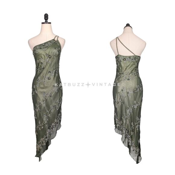 Vintage Scala Prom Dress Midi Maxi Gown M Green Nymph Fairy Y2K Silk Bead Glam - Picture 1 of 15